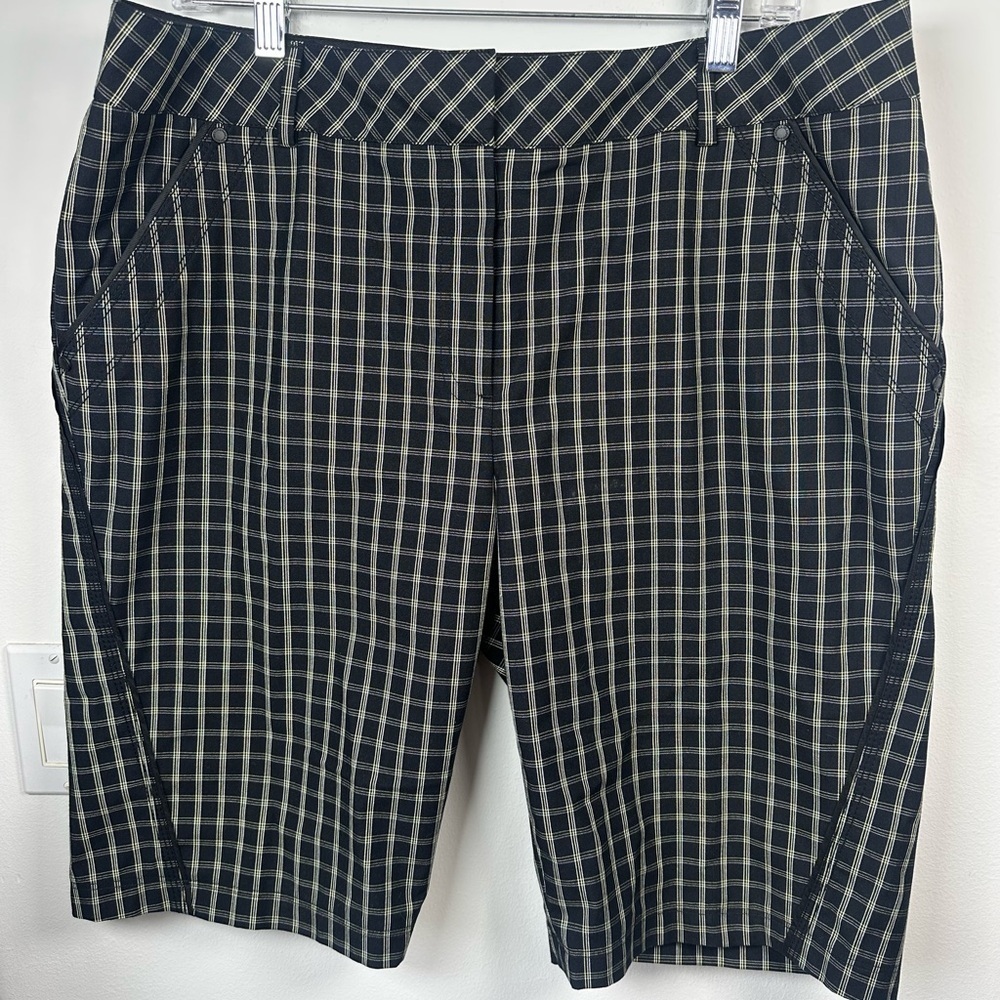 Cutter & Buck Annika Black White and Yellow Plaid Bermuda Shorts Golf size 14